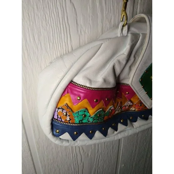 Samir Vtg HandBag White Bright Color Block Zigzag Prints Leather Hinged Purse - Picture 3 of 12